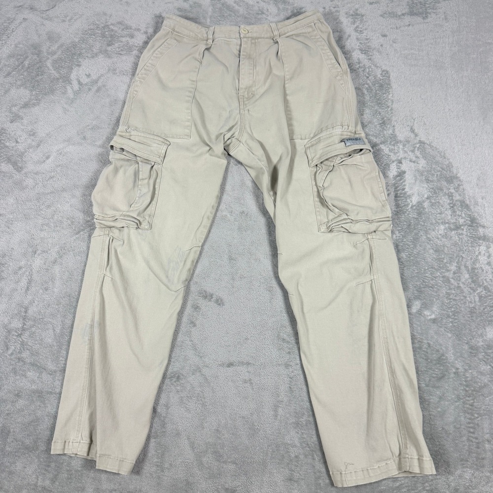 YoungLA Mens 34L Cargo Pants Tan YLA303 Relaxed Fit Multi Pocket Streetwear